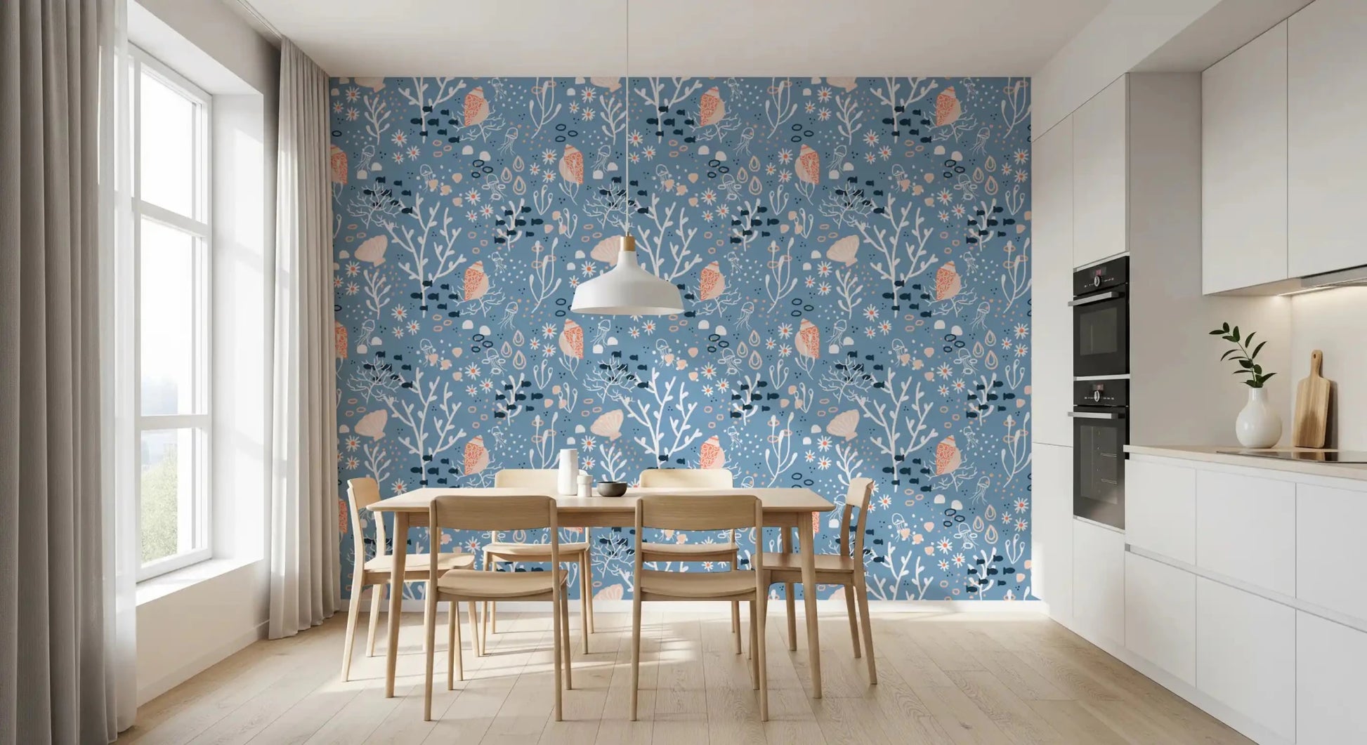 Hand-drawn conchs and jellyfish on blue seashells wallpaperGD9444