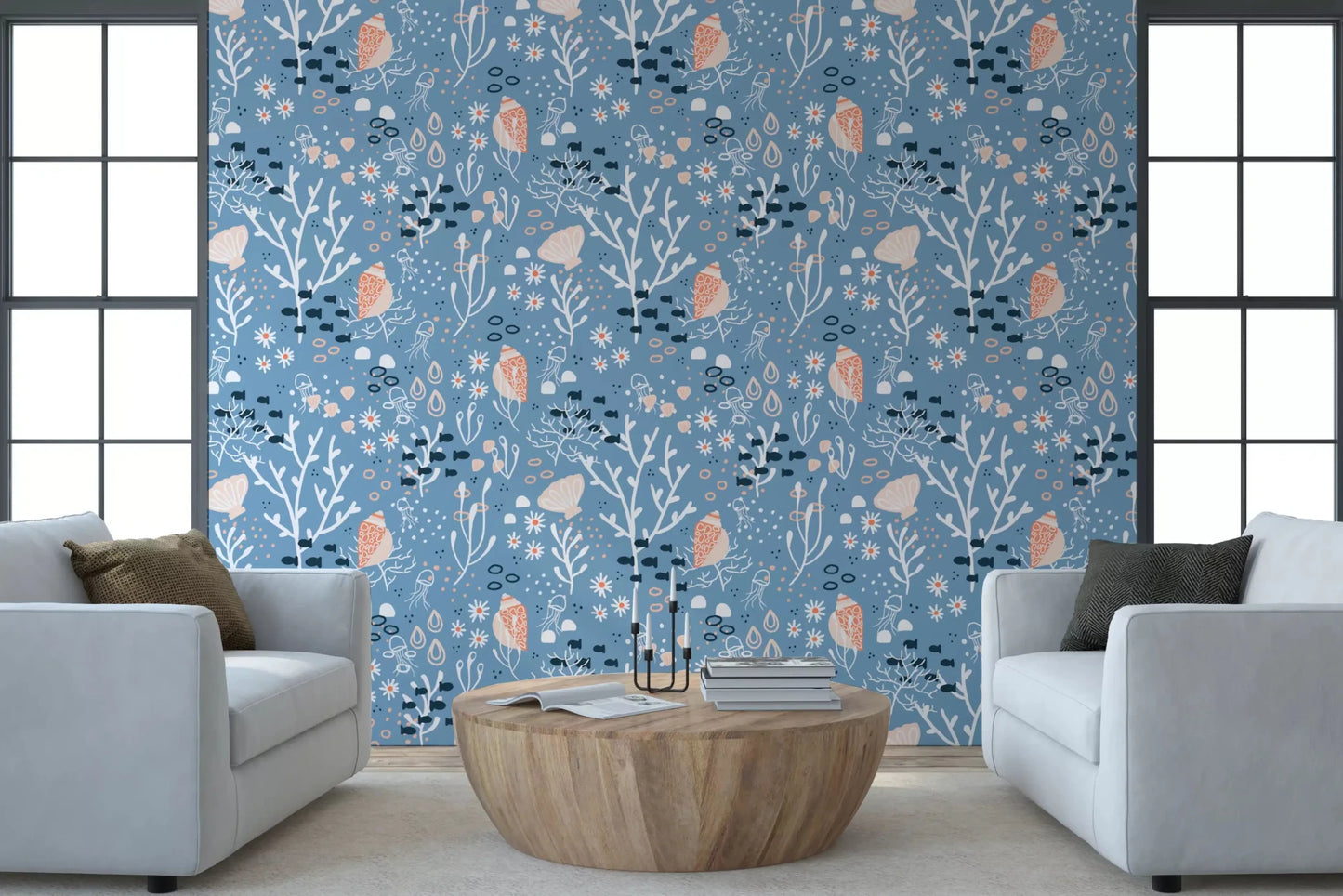 Blue seashell patterned wallpaper inside a modern living room GD9444
