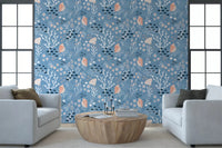 Blue seashell patterned wallpaper inside a modern living room GD9444