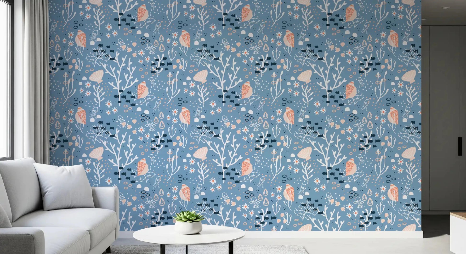 Aquatic seashells wallpaper within a bright hallway GD9444