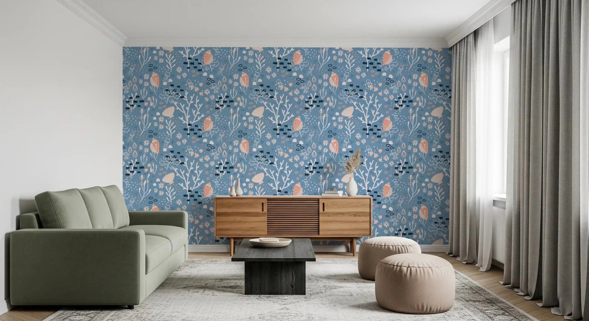 Coastal seashells wallpaper accents a quiet living room GD9444