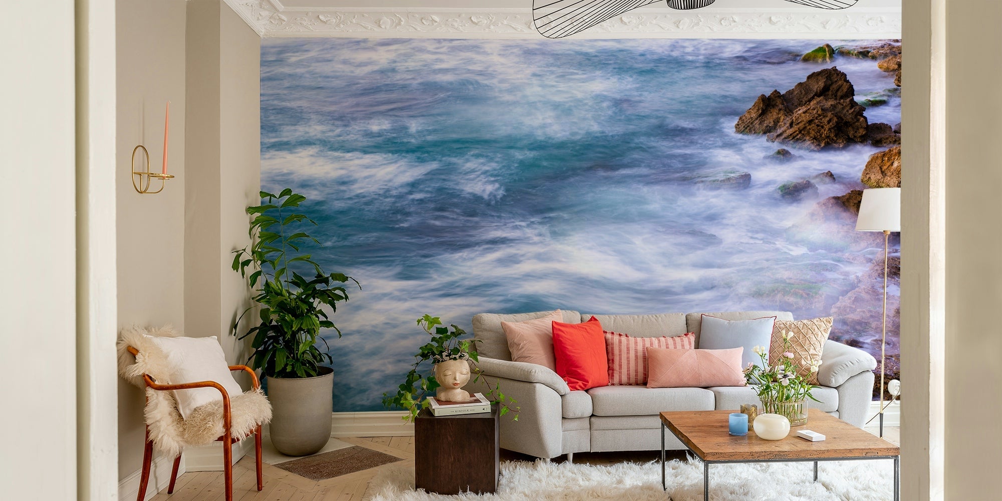 Rocky outcrops break the misty teal water in this Seaside #1 wall mural GD4793
