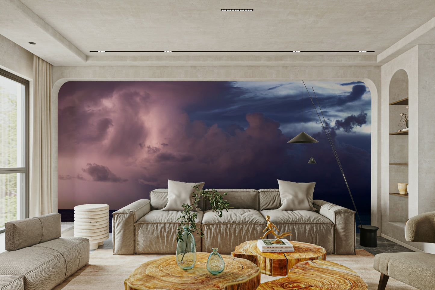 An artistic seaside view mural on minimalist wallpaper.
