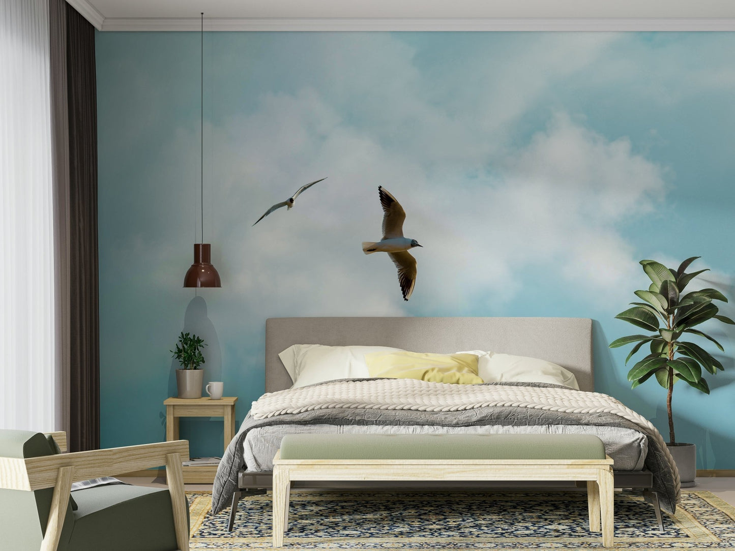 A graceful wave motion wall mural in cool, natural tones.

