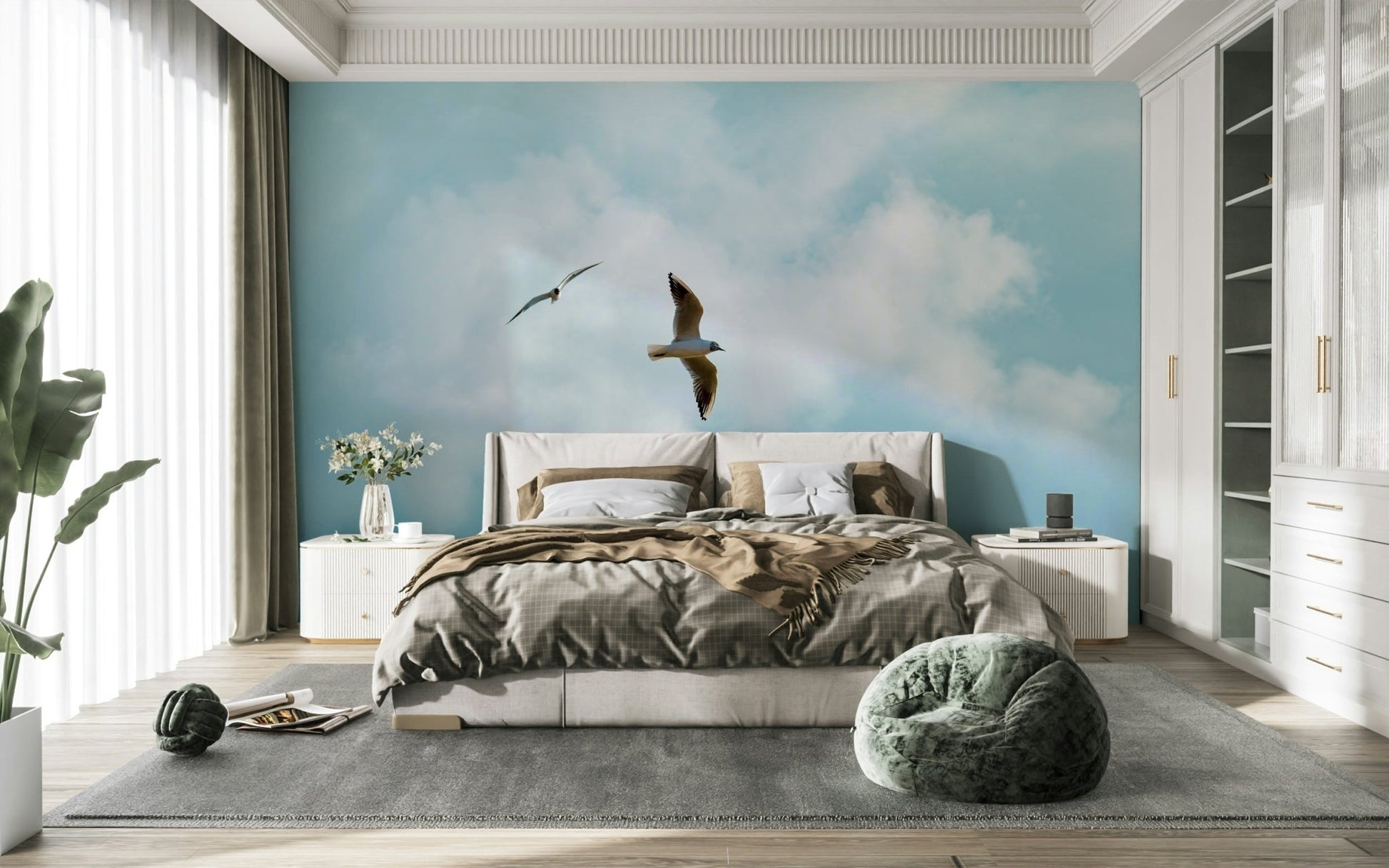 A peaceful seaside view mural on decorative wallpaper.

