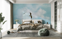 A peaceful seaside view mural on decorative wallpaper.

