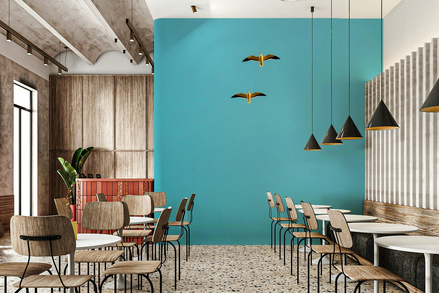 An artistic seaside view mural on minimalist wallpaper., GD4748