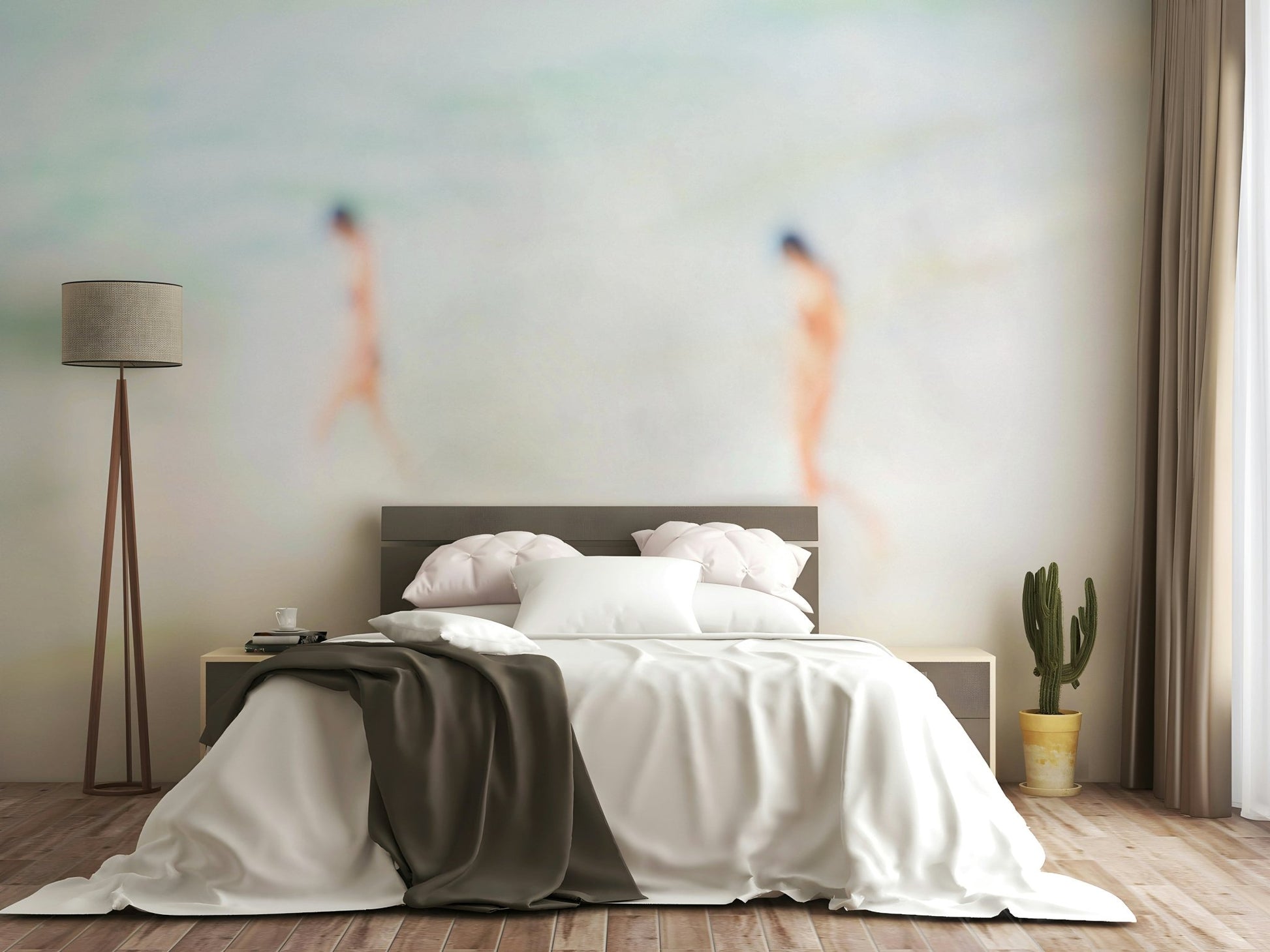 A graceful wave motion wall mural in cool, natural tones.

