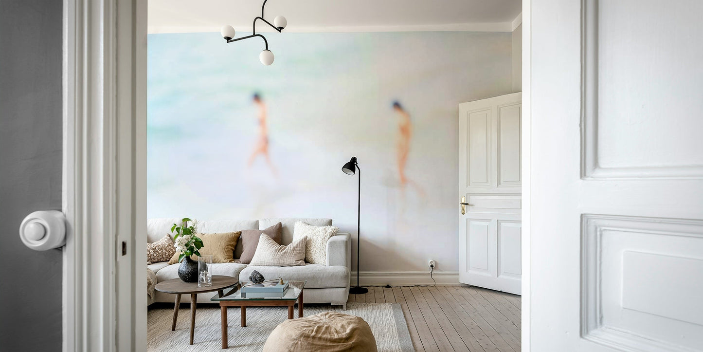 A peaceful seaside view mural on decorative wallpaper.

