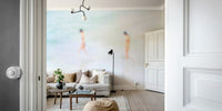 A peaceful seaside view mural on decorative wallpaper.


