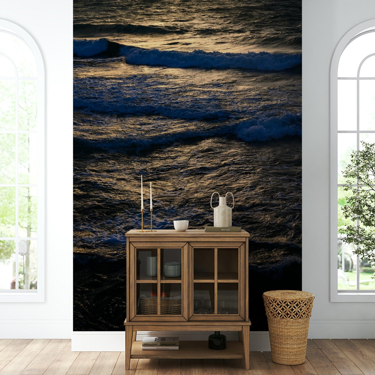 An artistic coastal landscape mural for home decor.

