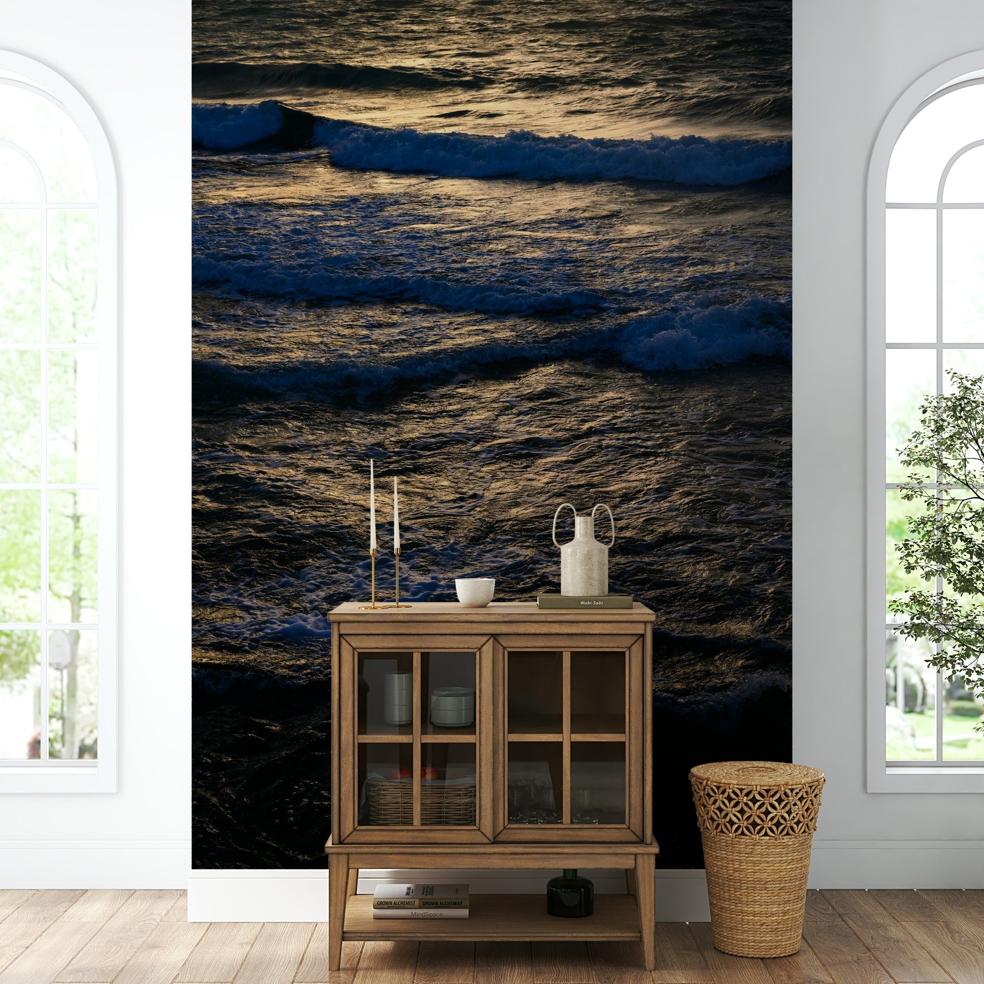 An artistic coastal landscape mural for home decor.

