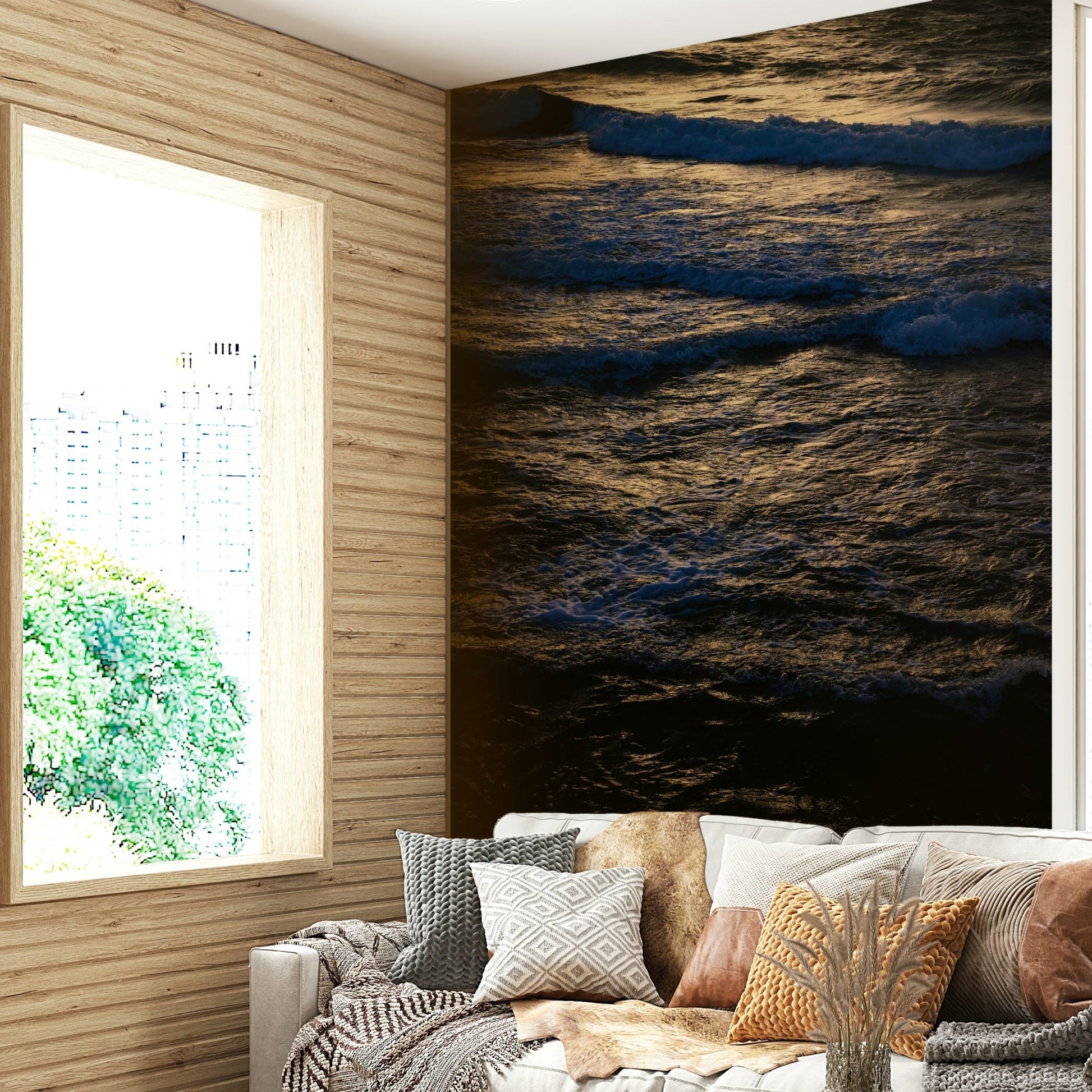 A contemplative rocky shoreline wallpaper mural for a feature wall.

