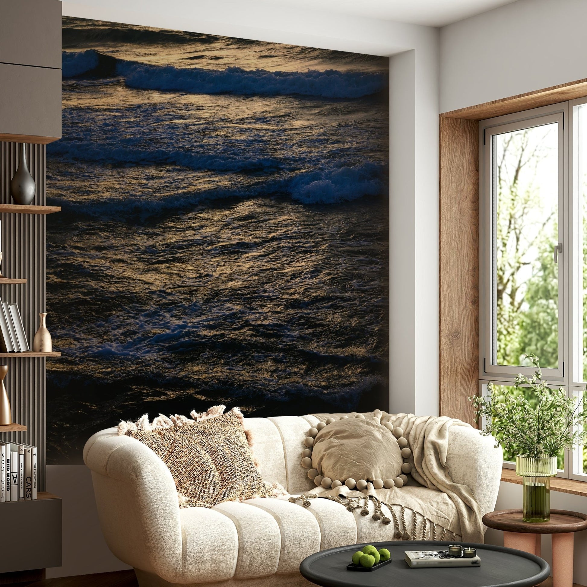 A peaceful seaside view mural on decorative wallpaper.

