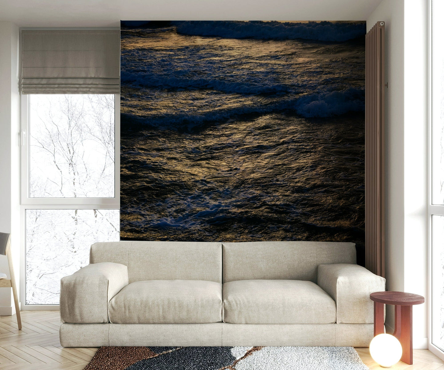 A tranquil ocean scene wall mural for nautical decor.

