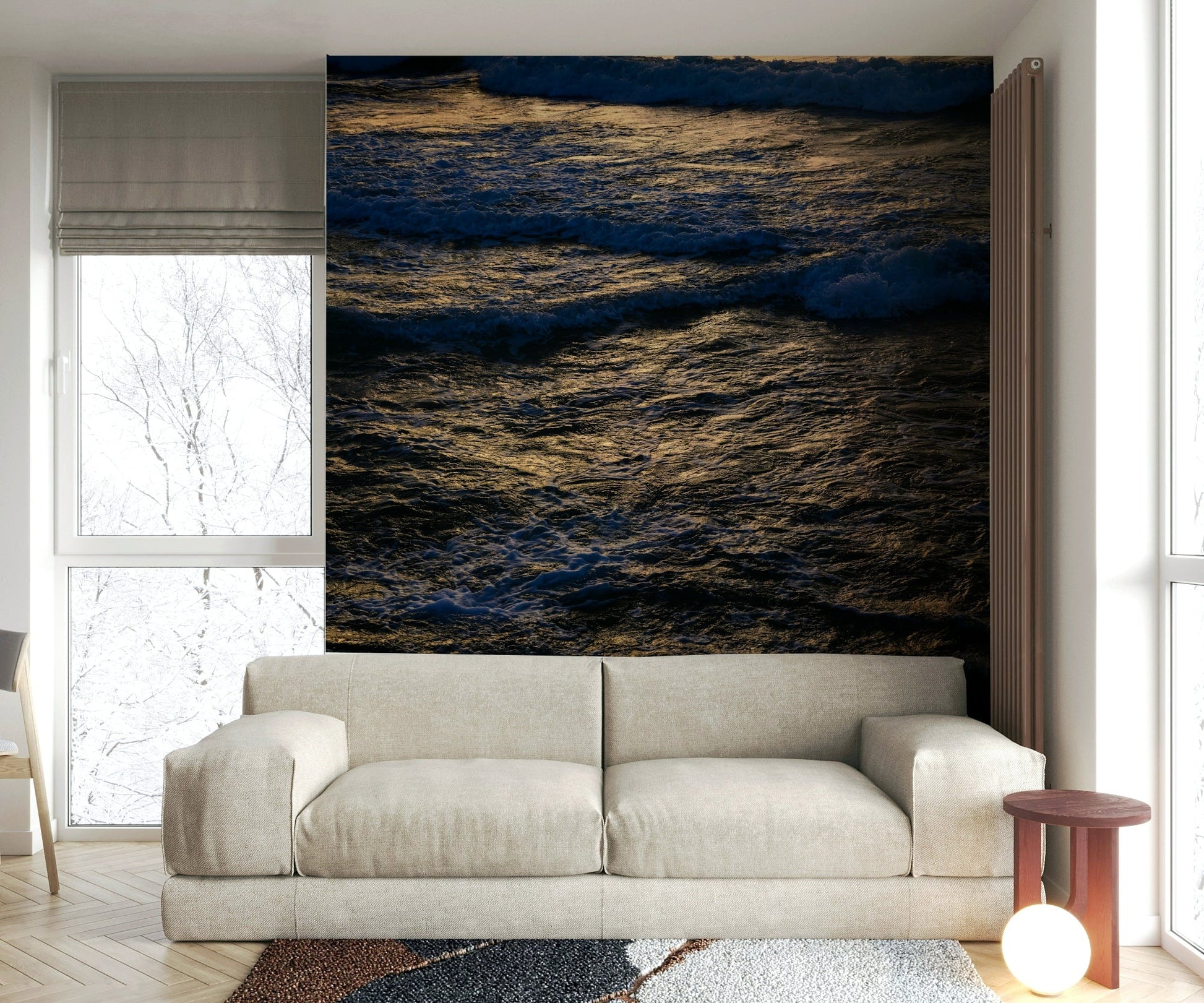 A tranquil ocean scene wall mural for nautical decor.

