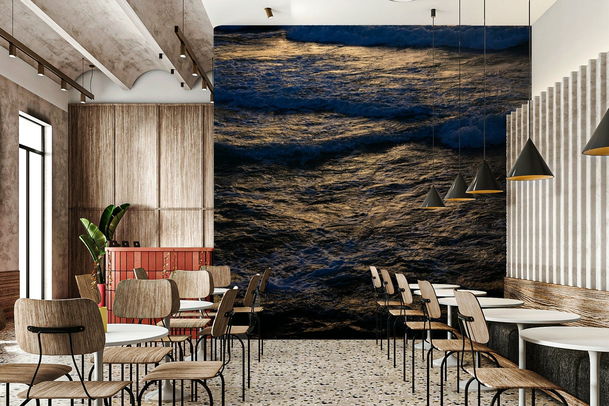 An artistic seaside view mural on minimalist wallpaper.

