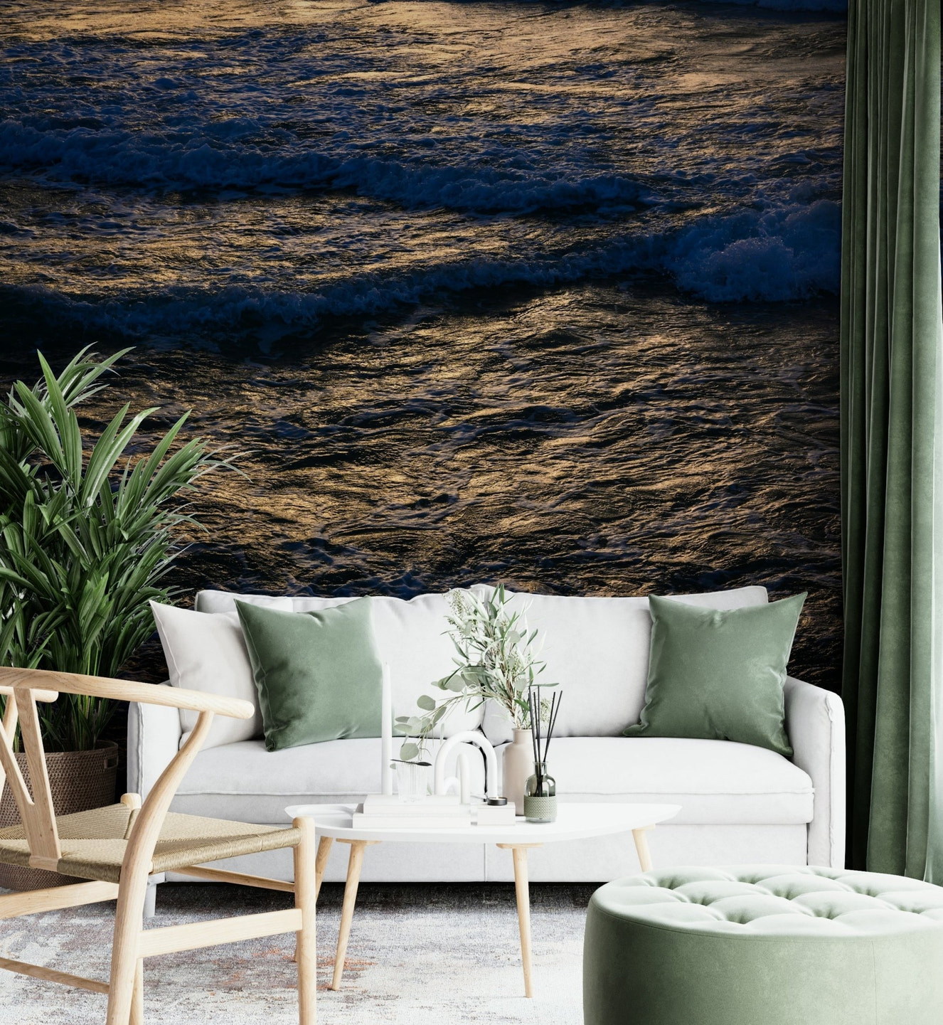 A beautiful coastal rock wallpaper mural with crashing waves.


