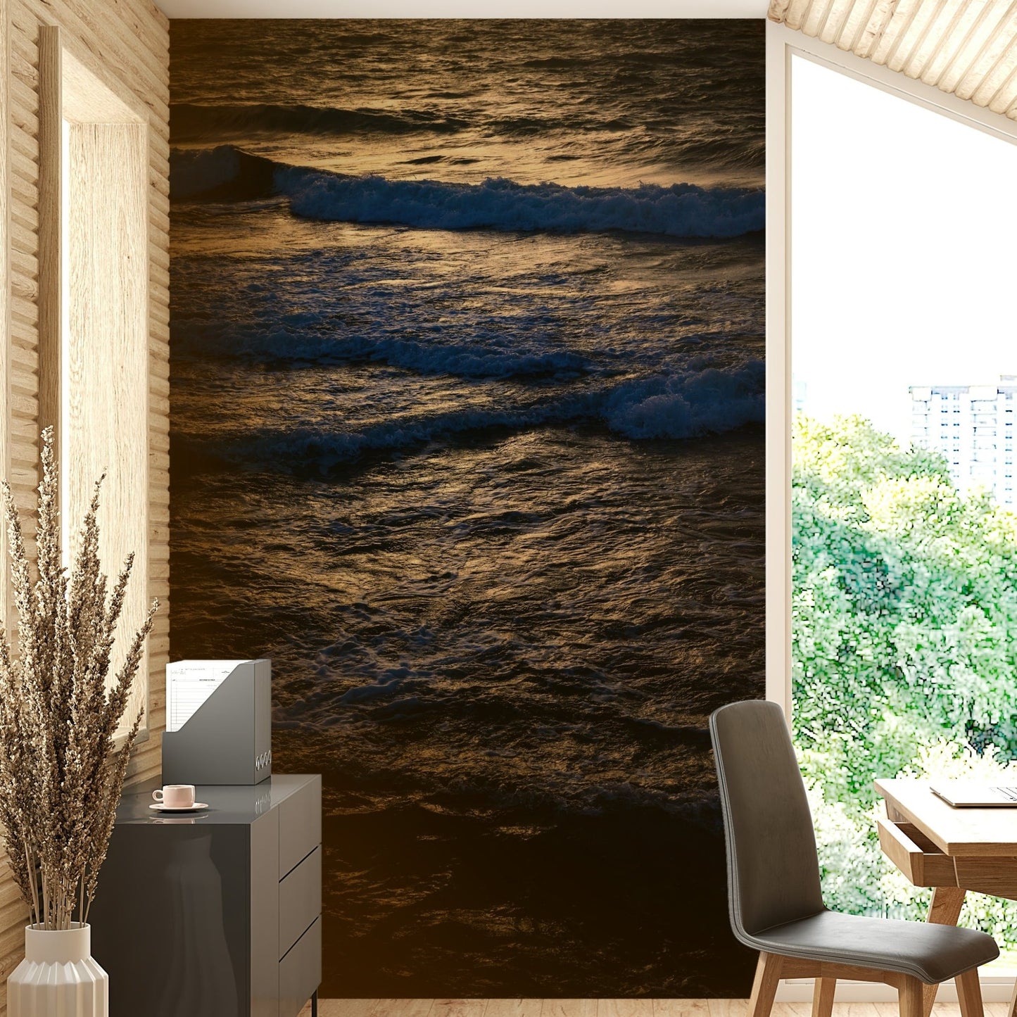A graceful wave motion wall mural in cool, natural tones.

