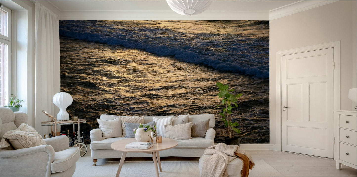 A peaceful seaside view mural on decorative wallpaper.

