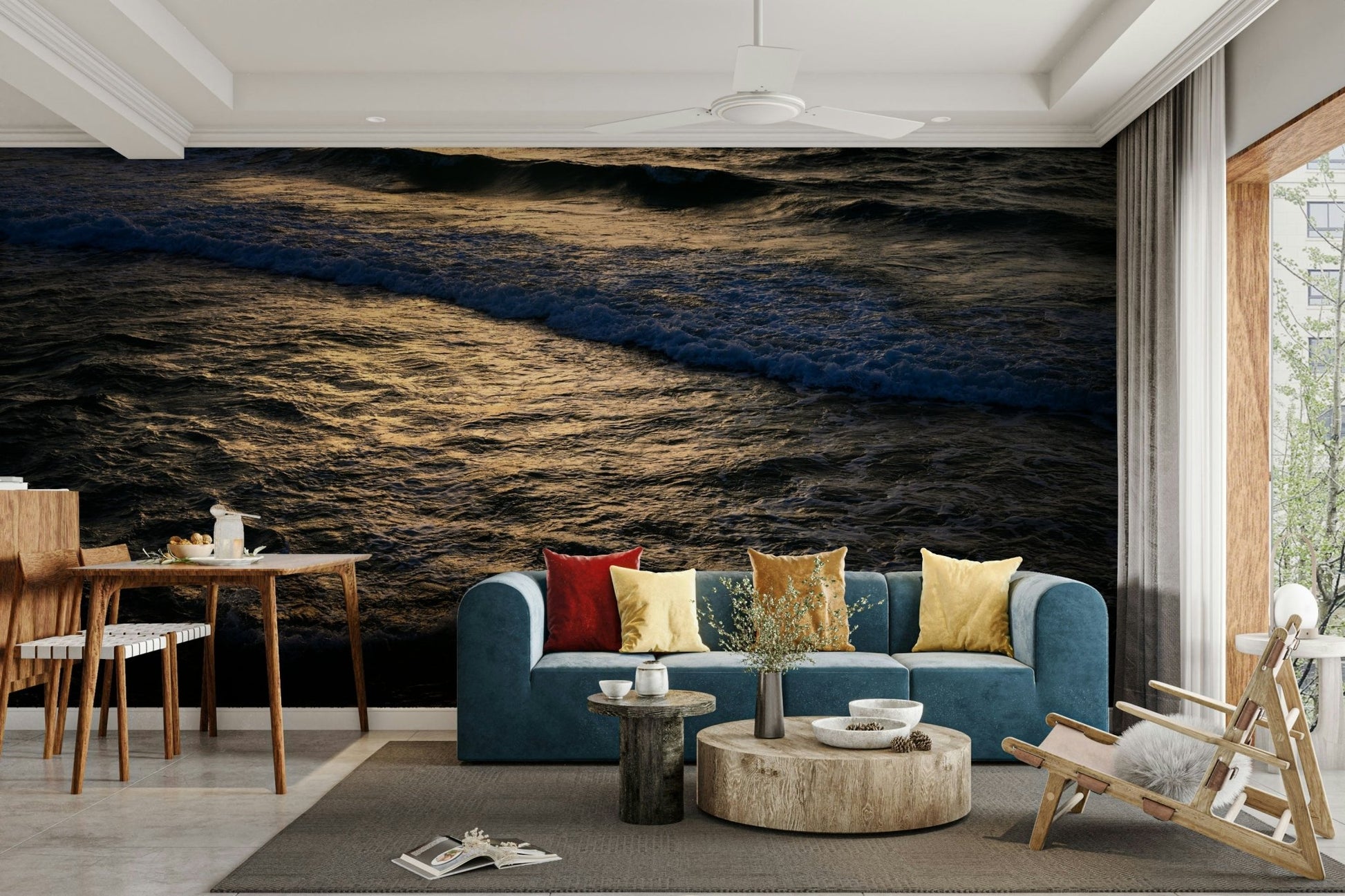 An artistic seaside view mural on minimalist wallpaper.

