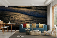 An artistic seaside view mural on minimalist wallpaper.

