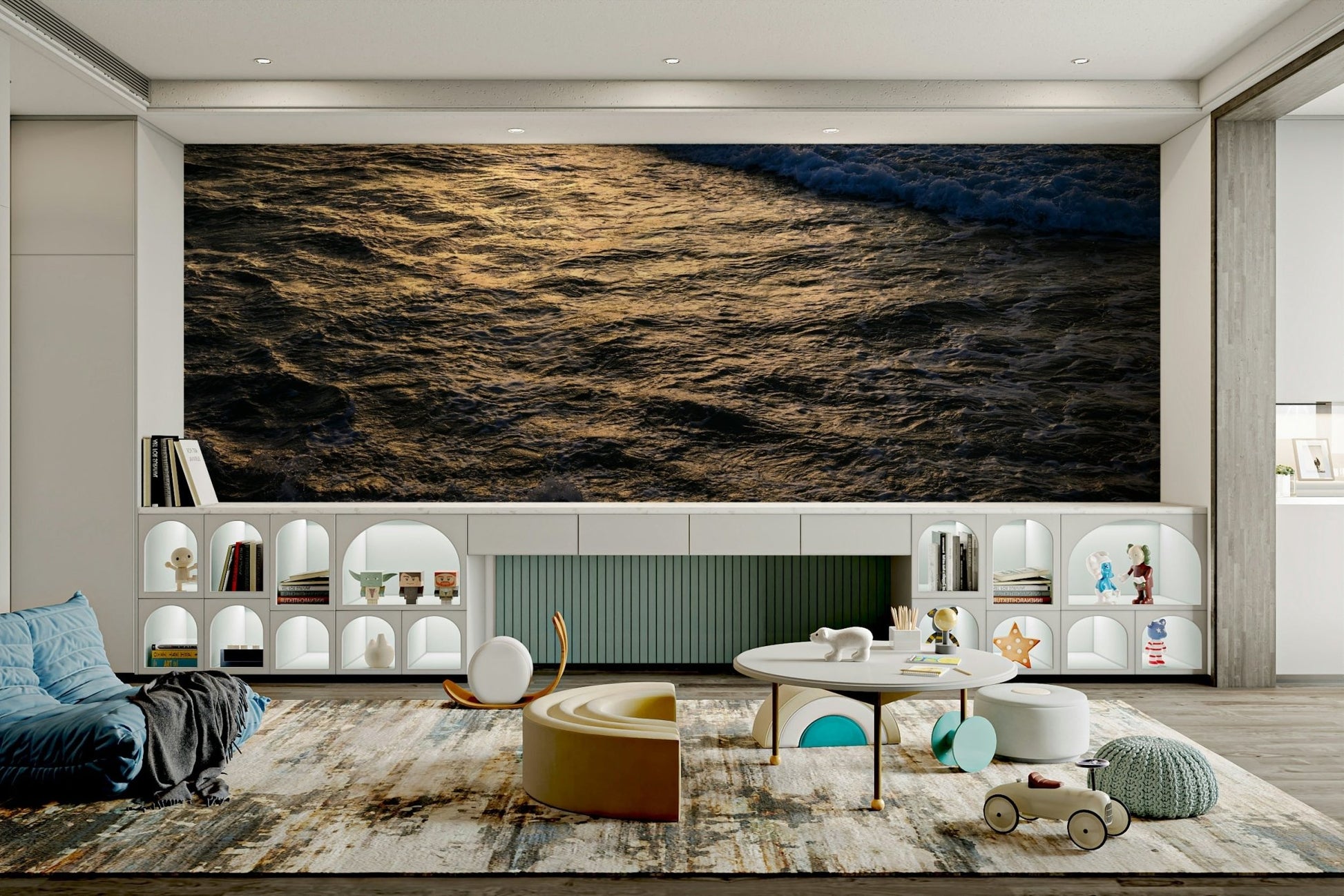 An artistic coastal landscape mural for home decor.

