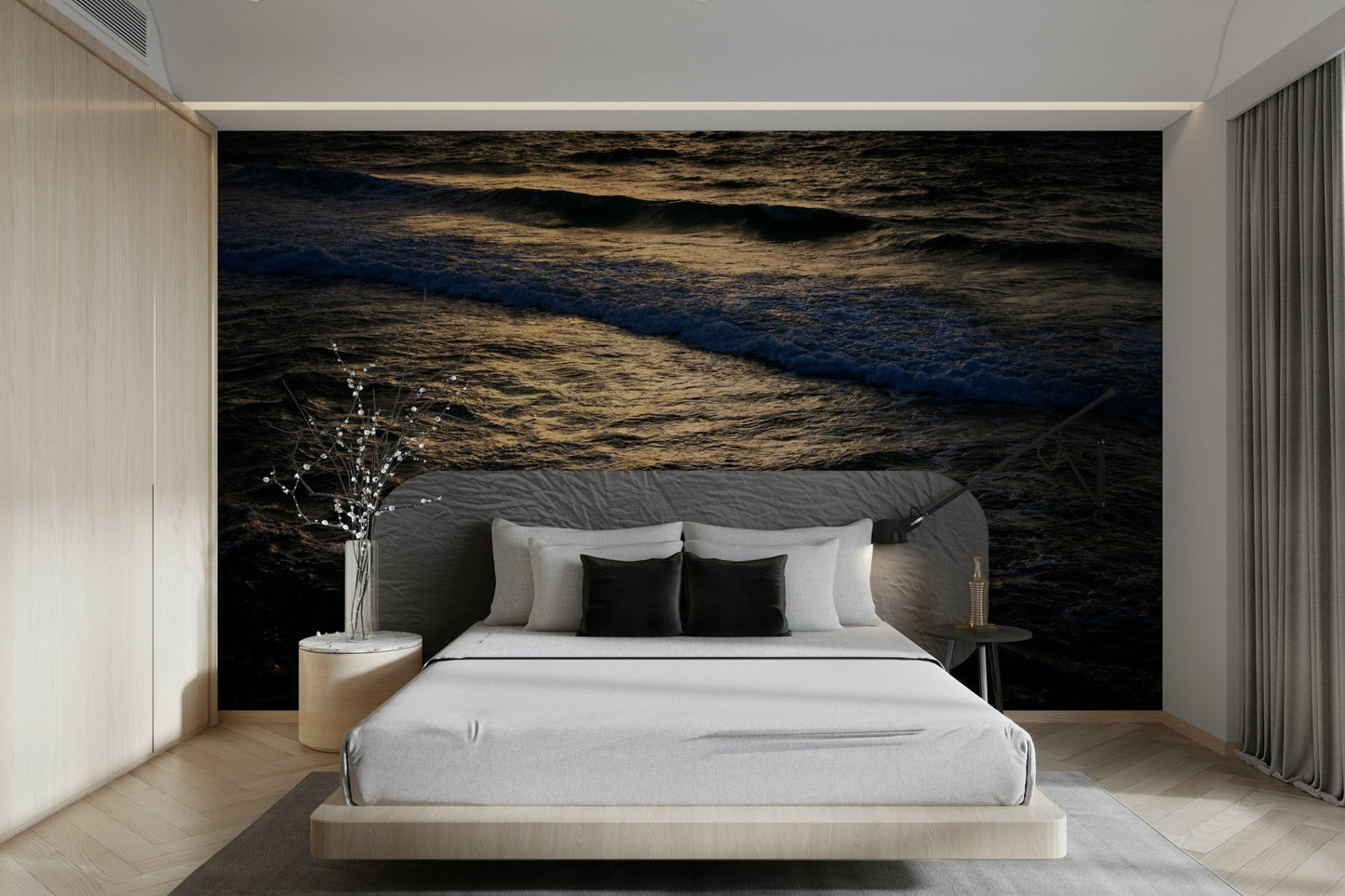 A graceful wave motion wall mural in cool, natural tones.

