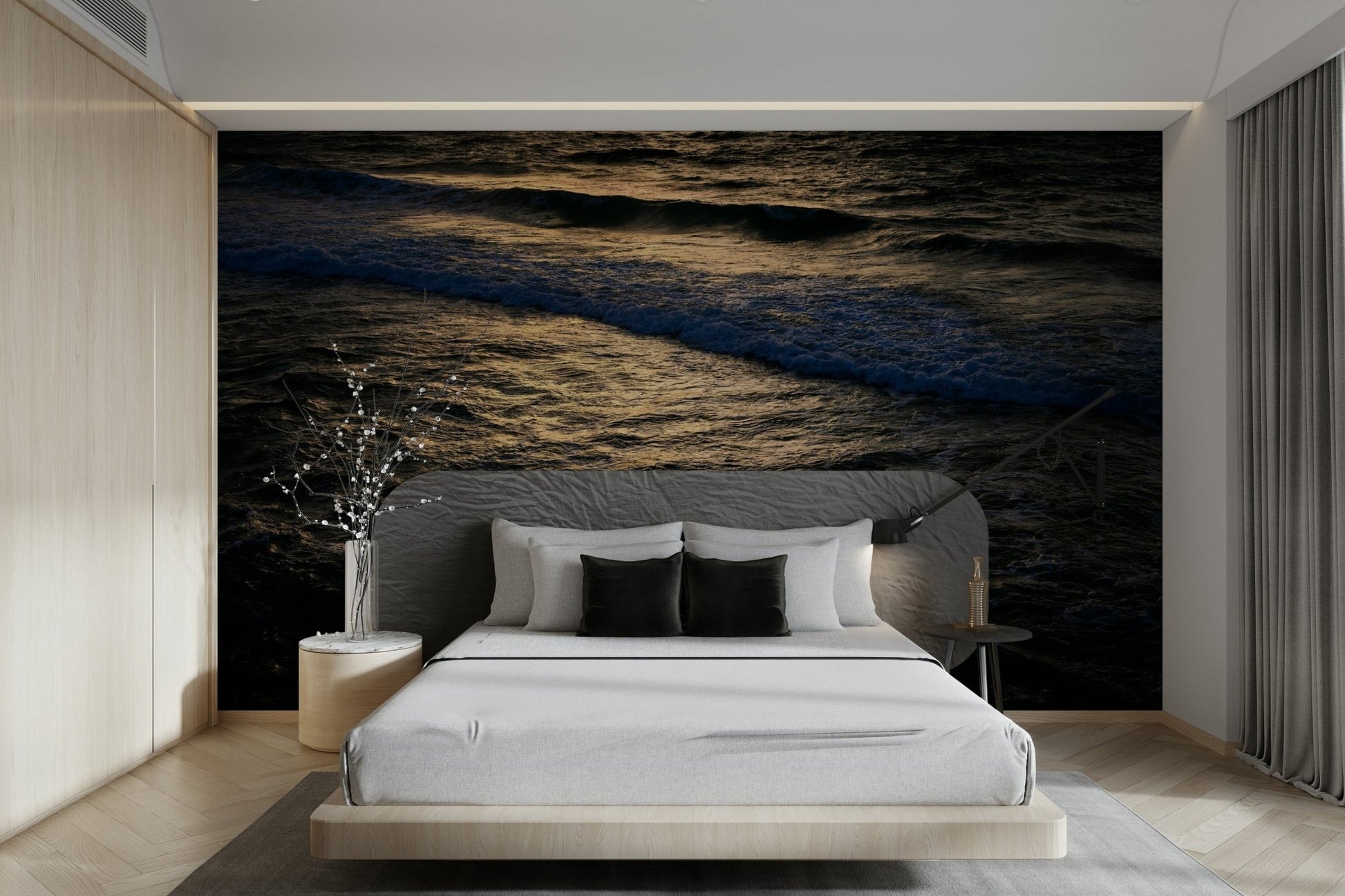 A graceful wave motion wall mural in cool, natural tones.


