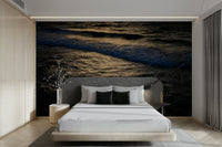 A graceful wave motion wall mural in cool, natural tones.

