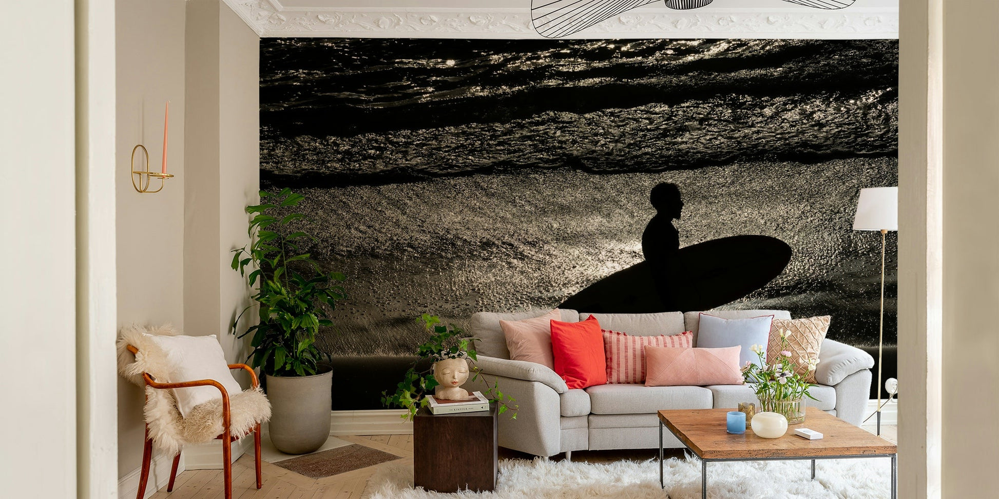 A graceful wave motion wall mural in cool, natural tones.

