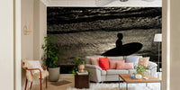 A graceful wave motion wall mural in cool, natural tones.

