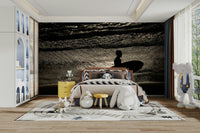 A peaceful seaside view mural on decorative wallpaper.

