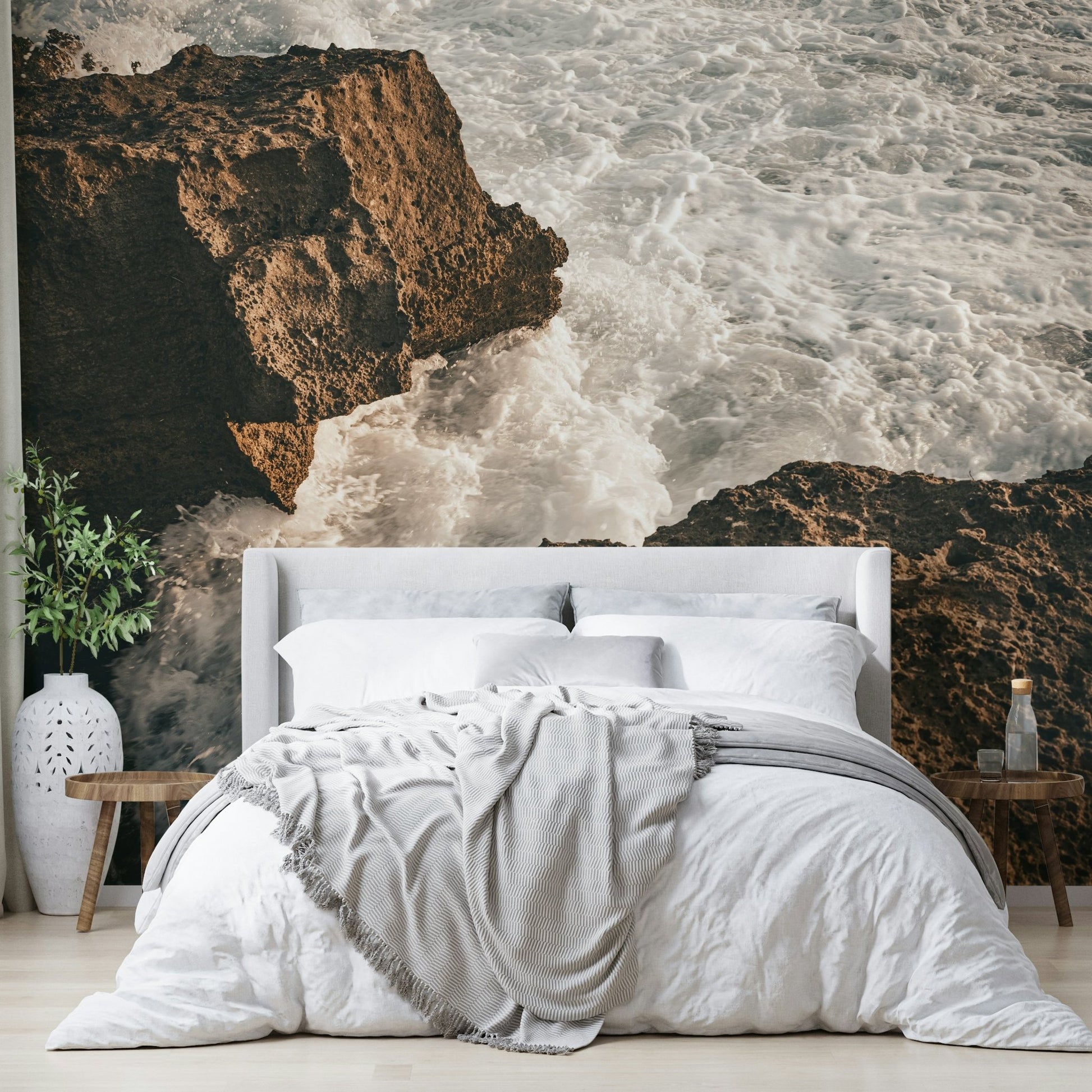 A living room featuring the coastal wall mural.