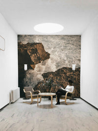 A minimalist interior with the ocean-themed wallpaper.