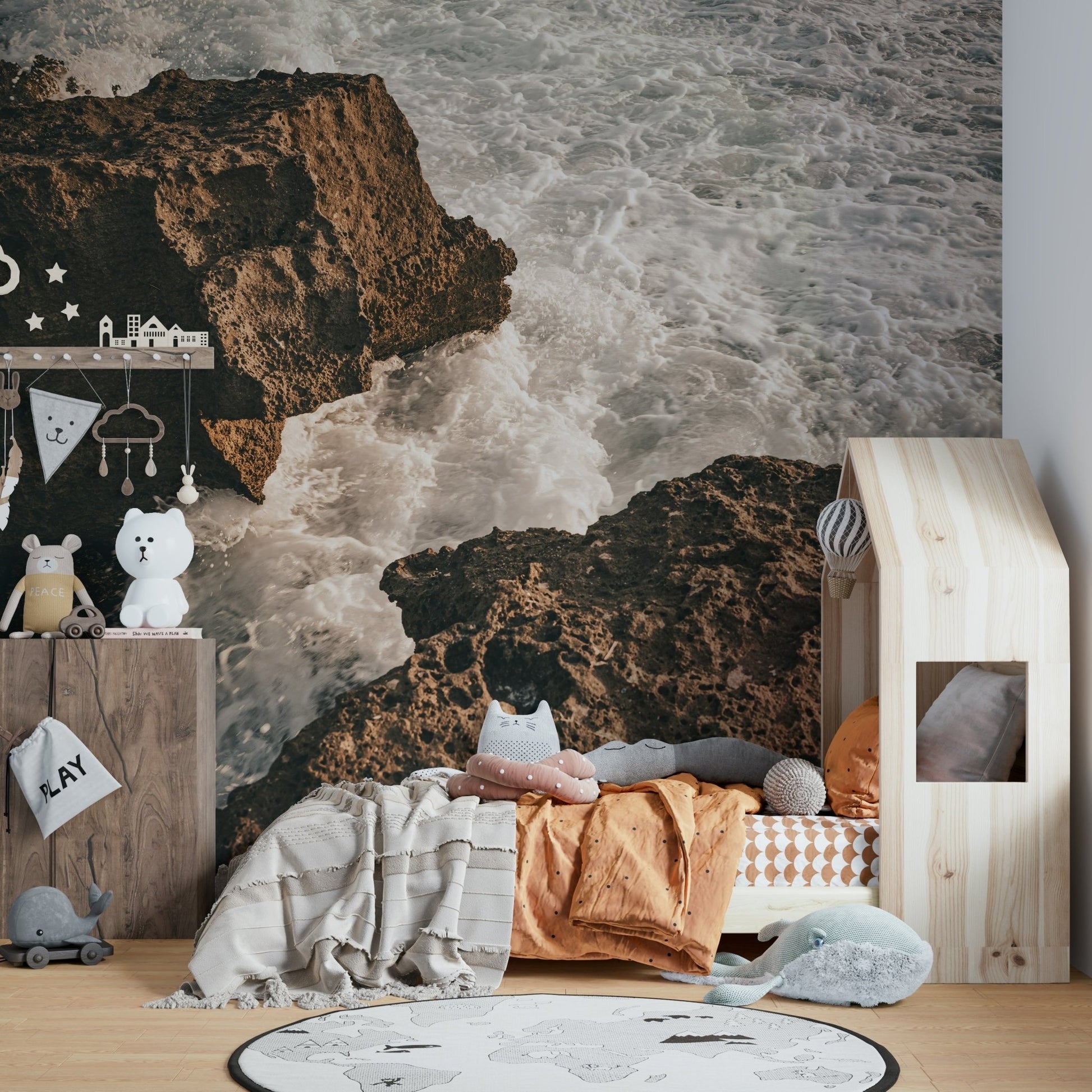 A detail shot of the sea foam and rock textures.