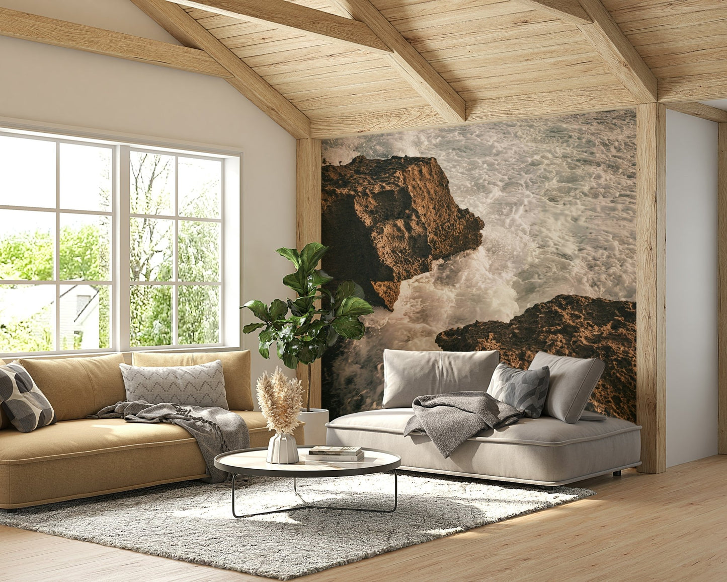 The wallpaper is used as a feature wall in a bedroom.