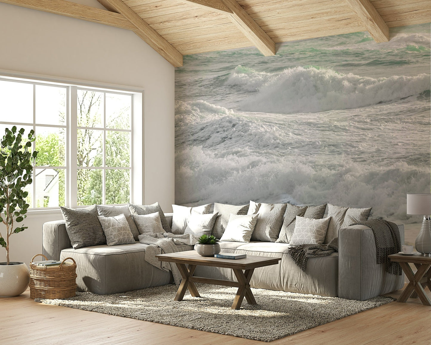 A minimalist home office with the abstract wave wallpaper.