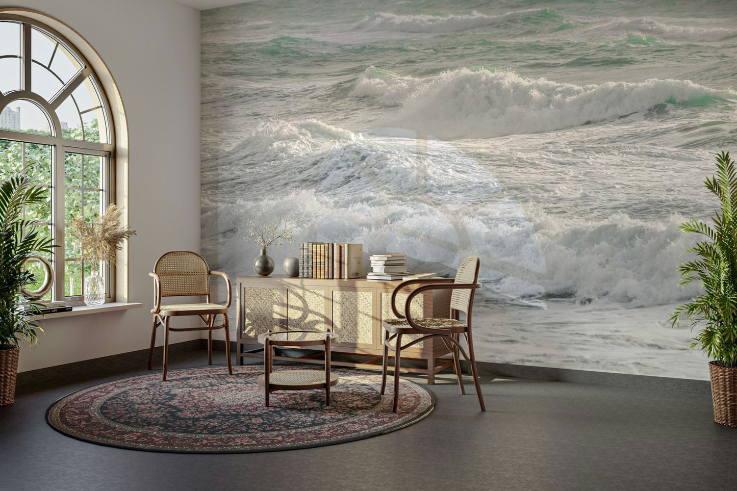 A contemporary living room with a large ocean wave wall mural.