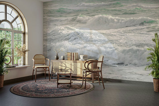 A contemporary living room with a large ocean wave wall mural., GD4565