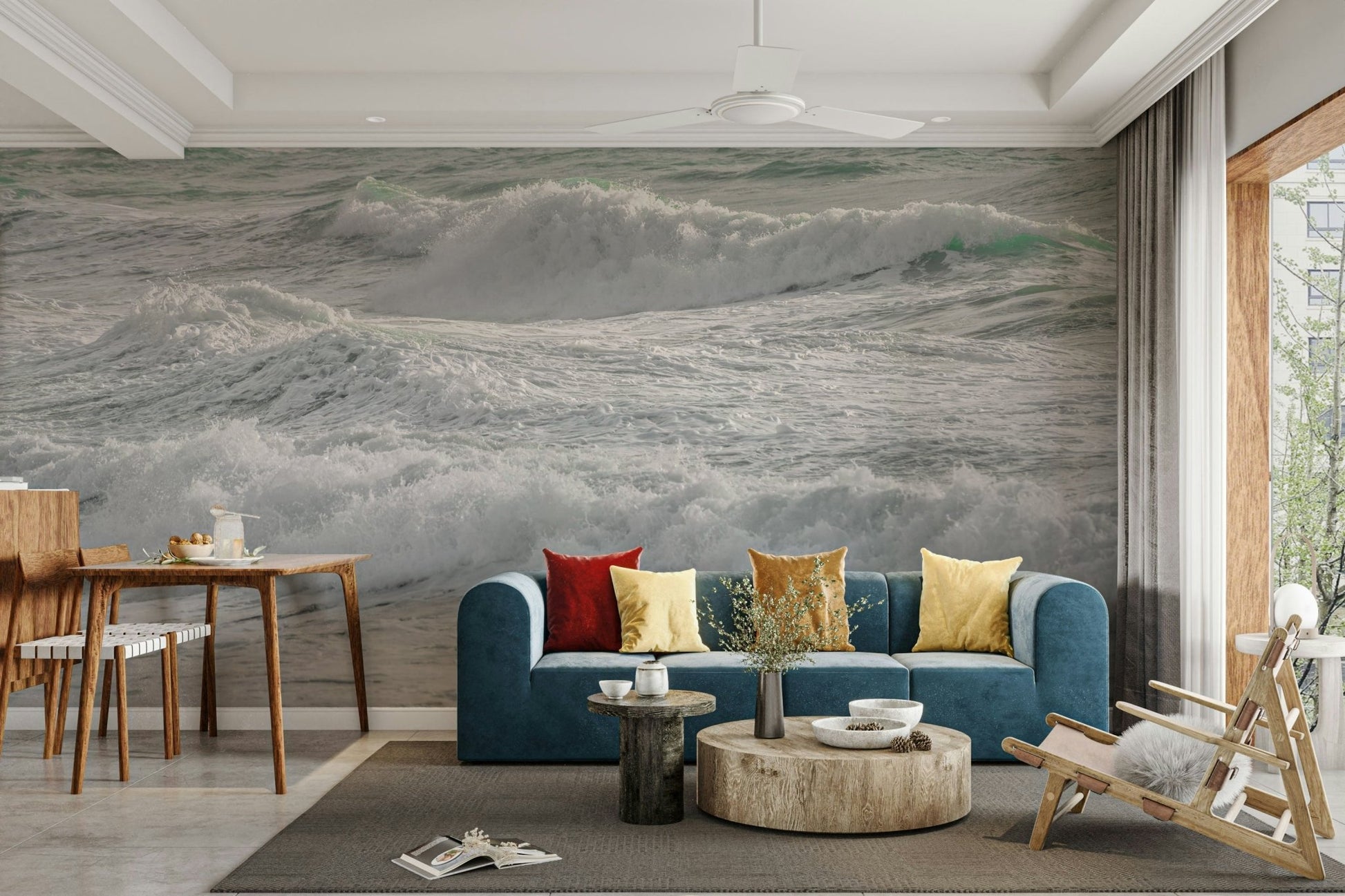 The peel and stick wallpaper on a smooth wall surface.