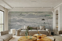 The wallpaper is used to create a feature wall in a dining room.