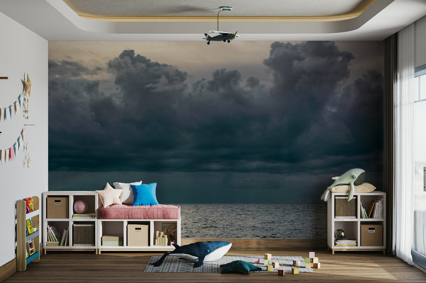 Flat horizon splits dark sea from storm cloud, a coast wall mural GD4784
