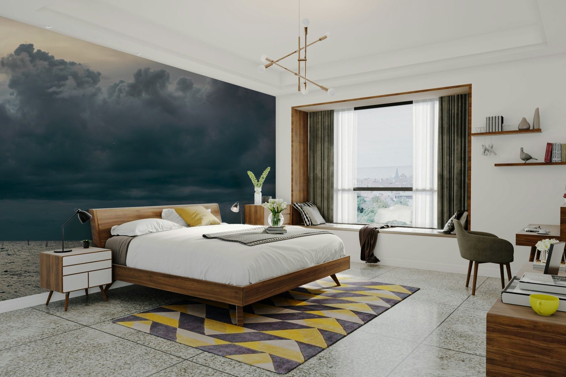 Bleak clouds bank above tiny sails on the water in this Seaside #8 wall mural GD4784
