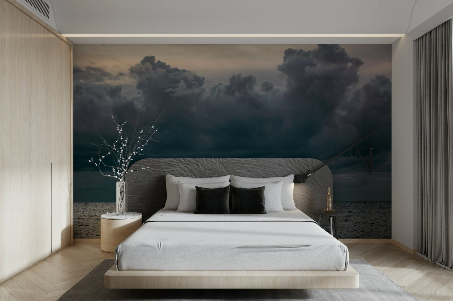 Dull gray light rests on the water below cloud, a sea wall mural GD4784
