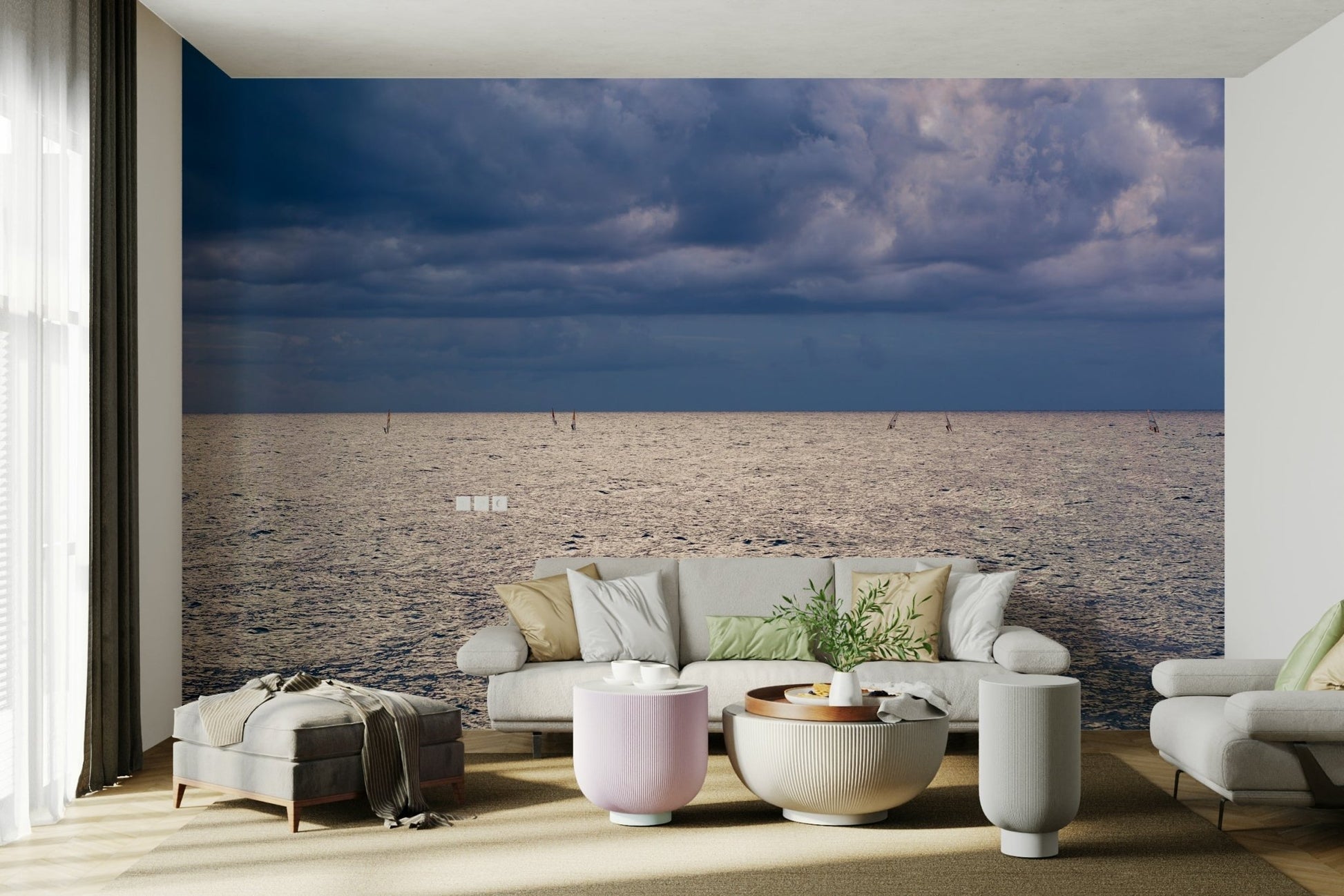 An artistic seaside view mural on minimalist wallpaper., GD4782