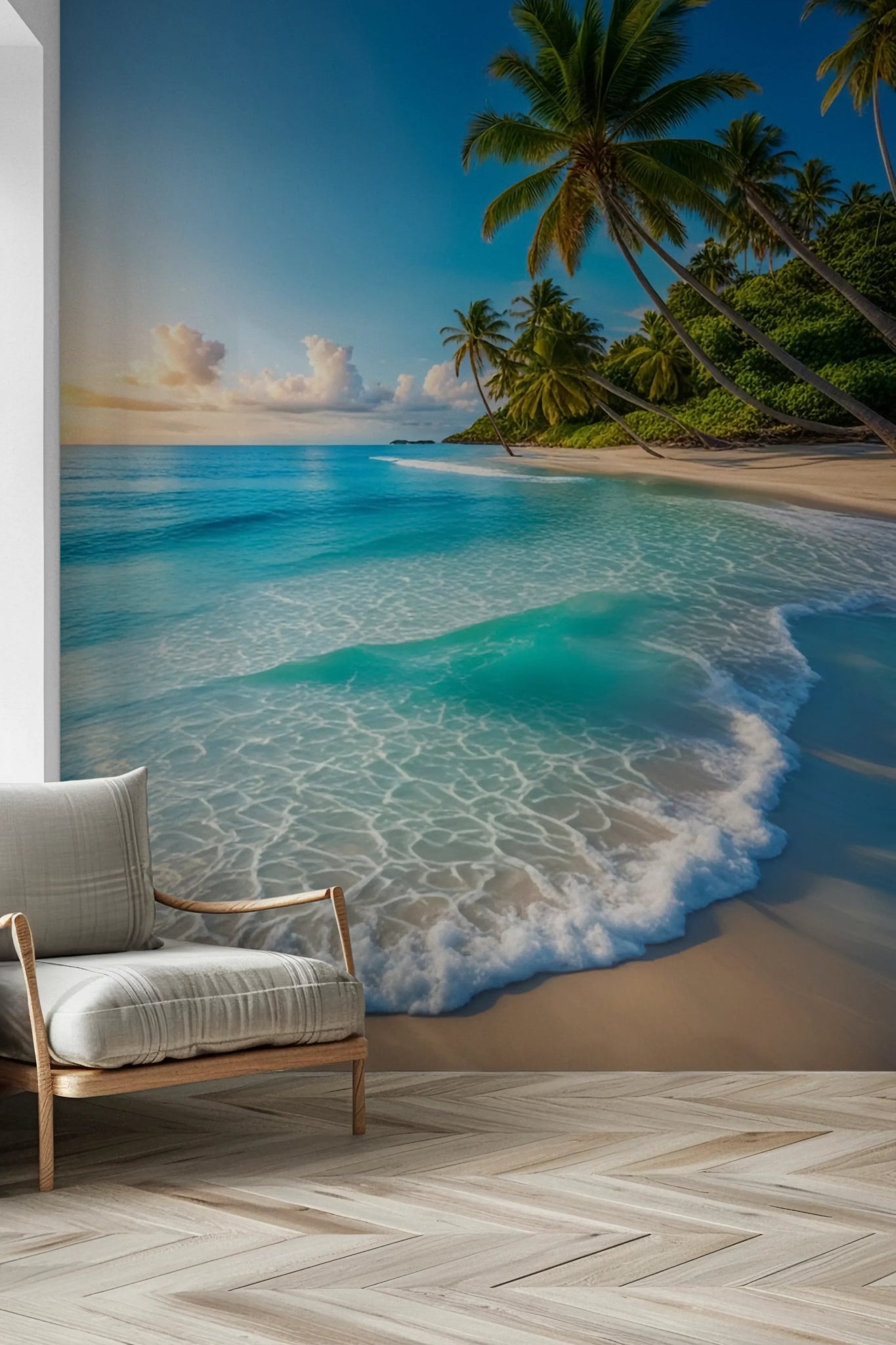Seaside Bliss wall mural with blue ocean waves in a bright living room., GD8009