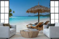 White armchairs frame Seaside Calm Wall Mural in a calm, light-filled lounge, GD8917