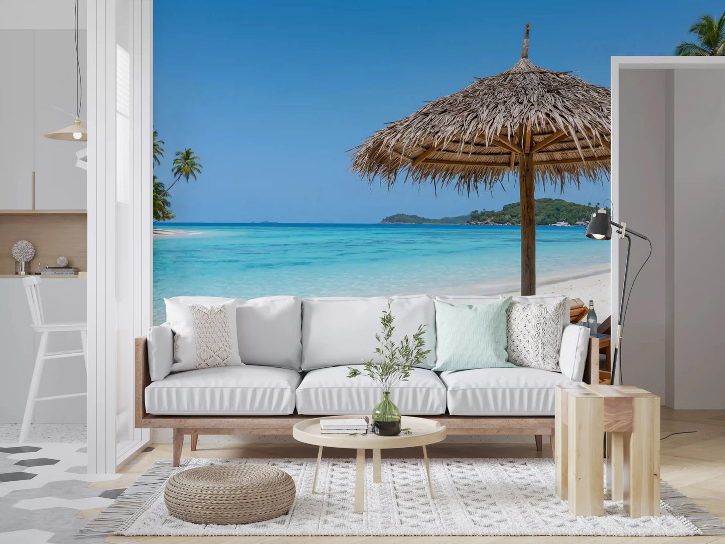 Seaside Calm Wall Mural centred above a sofa in a relaxed Living room, GD8917