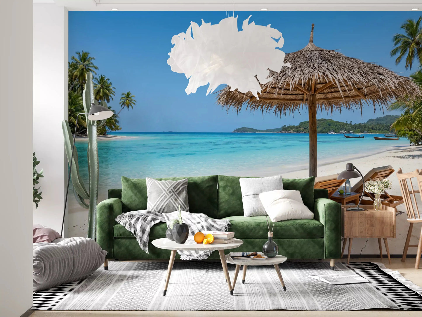 Green sofa corner styled with Seaside Calm Wall Mural in a fresh modern lounge, GD8917